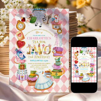 Rosa Alice im Wunderland 2. Geburtstagseinladung Einladung