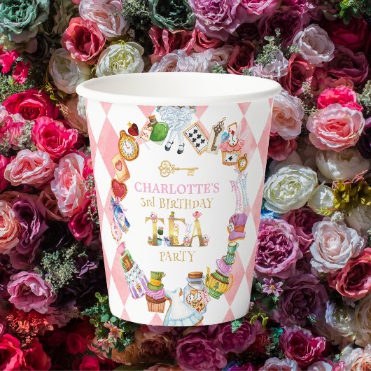 Rosa Alice im Wunderland 3. Geburtstag Pappbecher