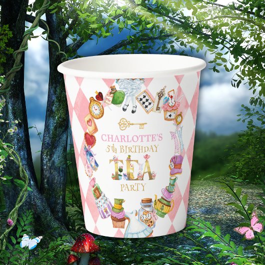 Rosa Alice im Wunderland 5. Geburtstag Pappbecher