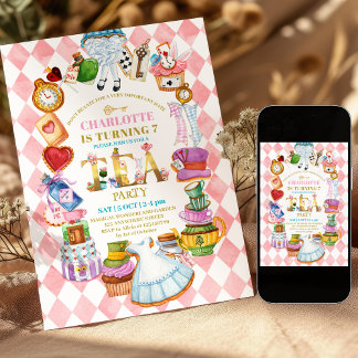 Rosa Alice-im-Wunderland 7. Geburtstagseinladung Einladung