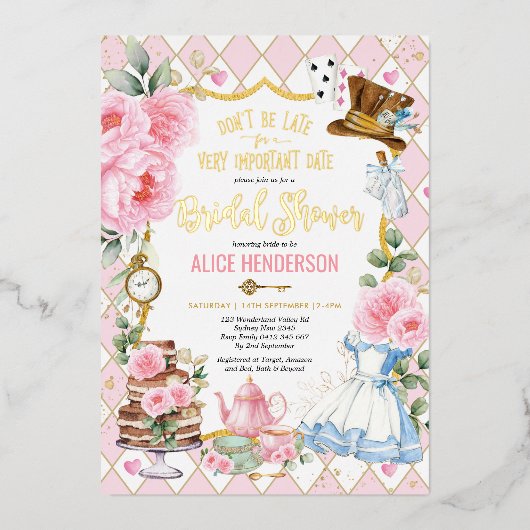 Rosa Alice im Wunderland Brautparty Tee Folieneinladung (Vorderseite)