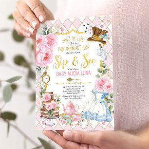 Rosa Alice im Wunderland Sip & See Babyparty-Tee Einladung