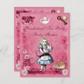 Rosa Alice im Wunderland Tea Party Babydusche Einladung (Vorne/Hinten)