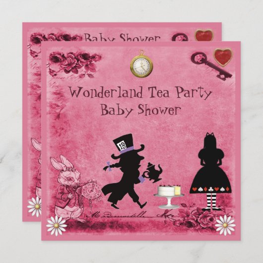 Rosa Alice im Wunderland Tea Party Babydusche Einladung (Vorne/Hinten)