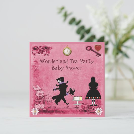 Rosa Alice im Wunderland Tea Party Babydusche Einladung (Stehend Vorderseite)