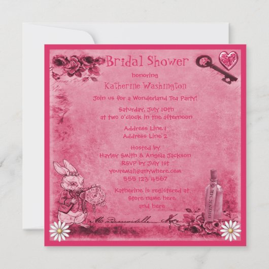 Rosa Alice im Wunderland Tee Party Brautparty Einladung (Rückseite)