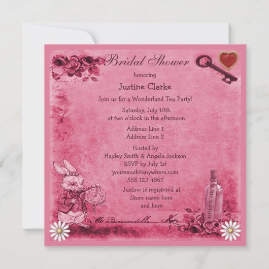 Rosa Alice im Wunderland-Tee-Party-Brautparty Einladung (Rückseite)