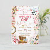 Rosa Alice in Onederland Einladung zum 1. Geburtst (Stehend Vorderseite)