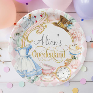 Rosa, Alice Onederland, Mädchen 1. Geburtstag Pappteller
