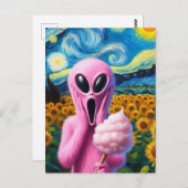 Rosa Alien mit Cotton Candy Sunflowers Postkarte (Vorne/Hinten)