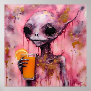 Rosa Alien mit einem Orangensaft Poster