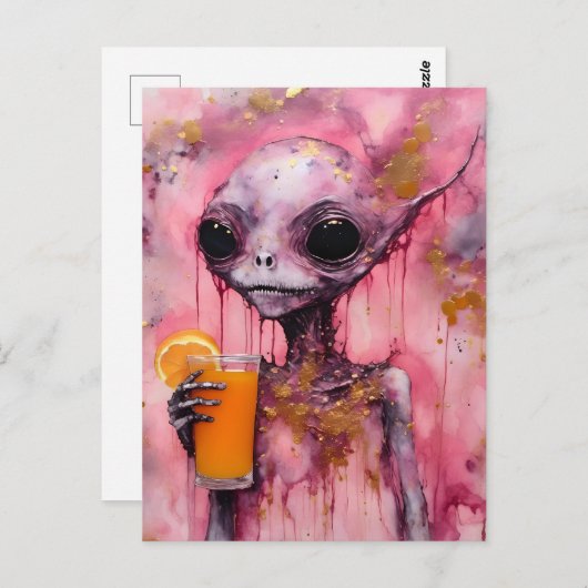 Rosa Alien mit einem Orangensaft Postkarte (Vorne/Hinten)