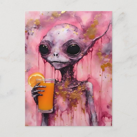 Rosa Alien mit einem Orangensaft Postkarte (Vorderseite)