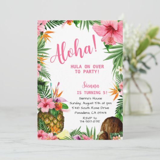 Rosa Aloha Birthday, Hawaiian Luau Tropical Einladung (Stehend Vorderseite)