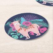 Rosa Alpaka, tropische Lama-Blätter und Blume Runder Pappuntersetzer (Angewinkelt)