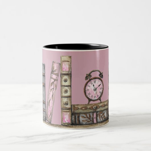 Rosa alte Buchbibliothek und Uhr Zweifarbige Tasse (Mittel)