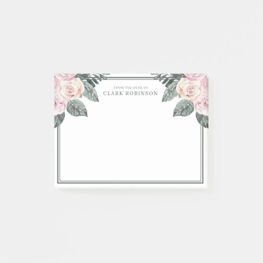 Rosa am Schreibtisch mit Rose in Aquarelltönen Post-it Klebezettel (Vorderseite)