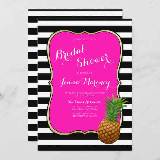 Rosa Ananas-Brautparty-Schwarz-weiße Streifen Einladung (Vorne/Hinten)