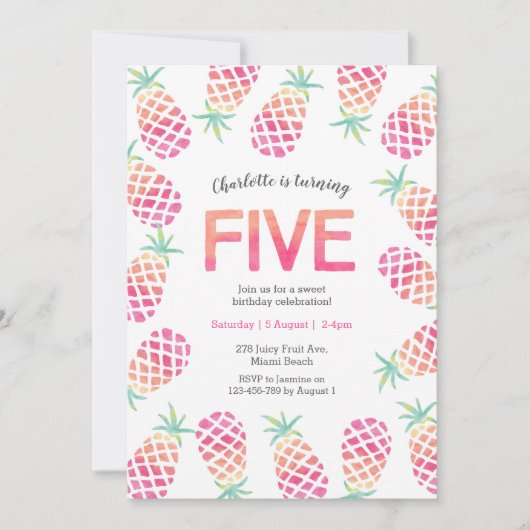 Rosa Ananas tropisch 5. Geburtstag Einladung (Vorderseite)