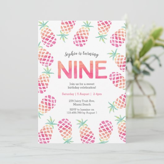 Rosa Ananas tropisch 9. Geburtstag Einladung (Stehend Vorderseite)