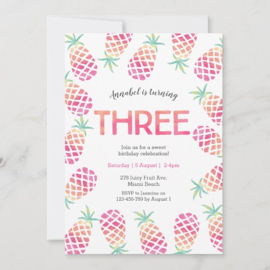 Rosa Ananas tropische 3. Geburtstag Einladung (Vorderseite)