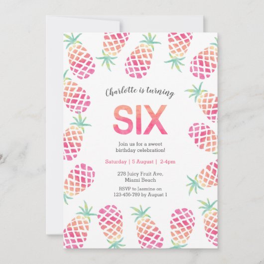 Rosa Ananas tropische 6. Geburtstag Einladung (Vorderseite)