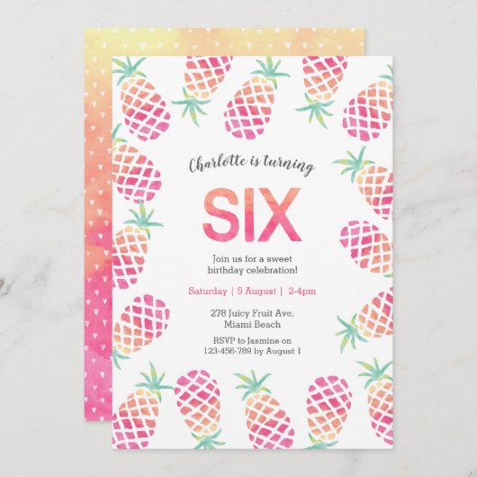 Rosa Ananas tropische 6. Geburtstag Einladung (Vorne/Hinten)