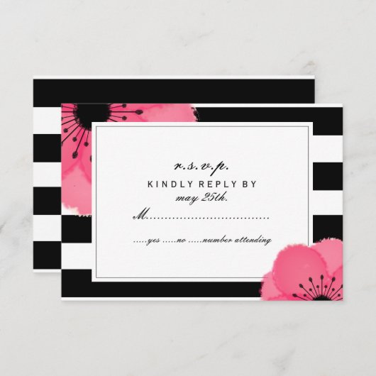 Rosa Anemone Bläserschwarz + Weiße Streifen UAWG RSVP Karte (Vorne/Hinten)