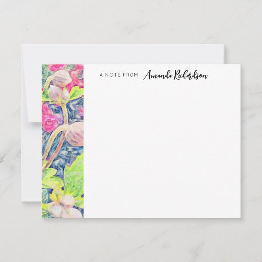 Rosa Anemone Blauer Akzent Wasserfarbenflat Mitteilungskarte (Vorderseite)