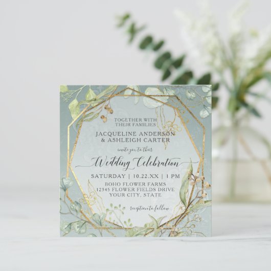 Rosa Anemone Twig Fern Eukalyptus Wreath Einladung (Stehend Vorderseite)