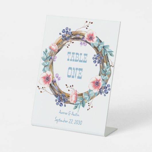 Rosa Anemonen und Blaubeeren Tabletop Sockelschild (Vorderseite)