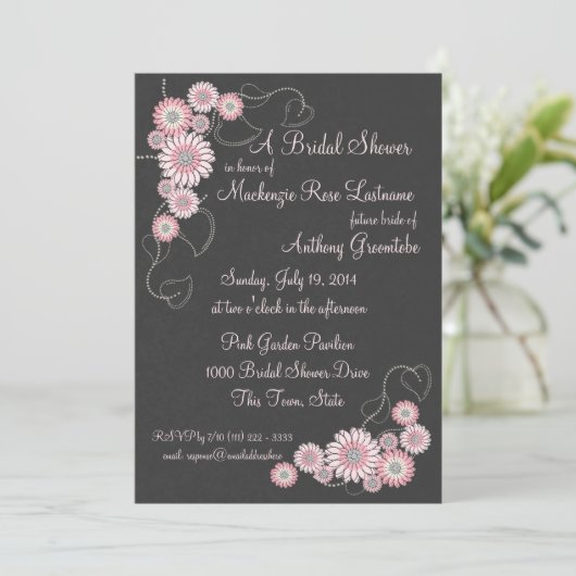 Rosa Anemonien und Brautparty aus Schiefer Einladung (Stehend Vorderseite)