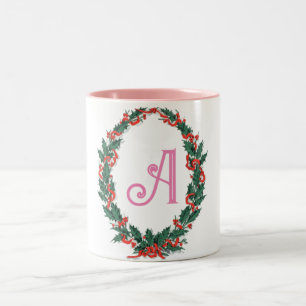 Rosa Anfangsbuchstabe A dekorierter Grünkränze Zweifarbige Tasse