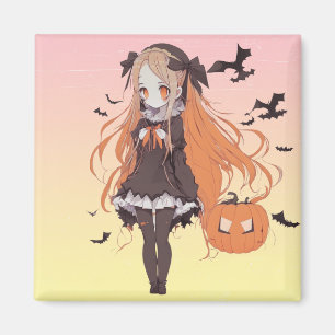Rosa Anime-Girl an Halloween mit Fledermäusen Magnet