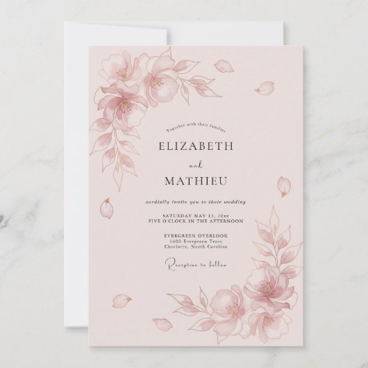 Rosa Anmutige Florale Hochzeit Einladung (Vorderseite)