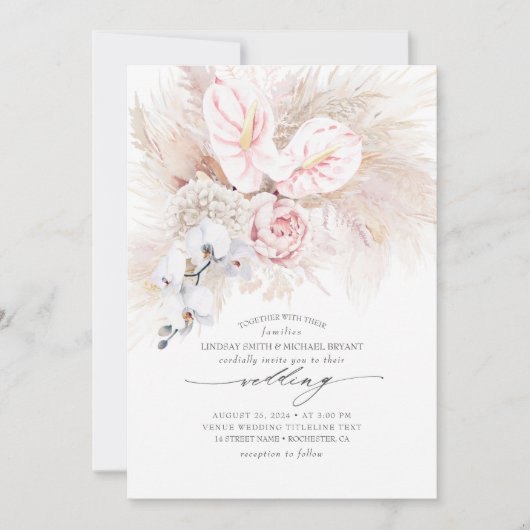 Rosa Anthurium Orchideen und Pampas Grass Wedding Einladung (Vorderseite)