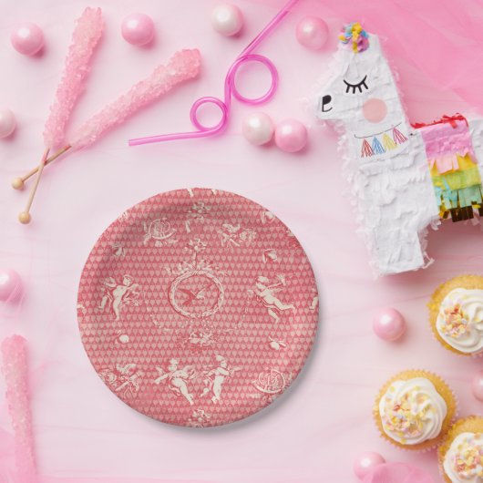 Rosa Antike Engel und Herzen Pappteller (Party)