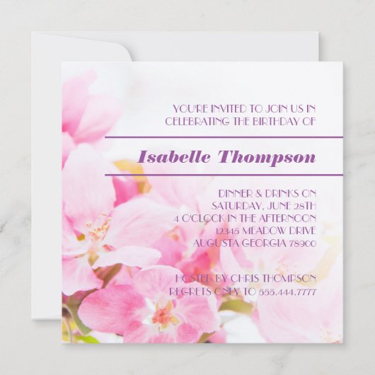 Rosa Apfelblüten Geburtstagsparty Einladung (Vorderseite)