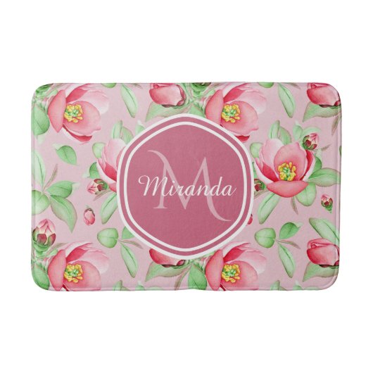 Rosa Apfelblüten-Monogramm Badematte (Vorderseite)
