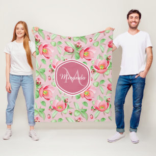 Rosa Apfelblüten-Monogramm Fleecedecke
