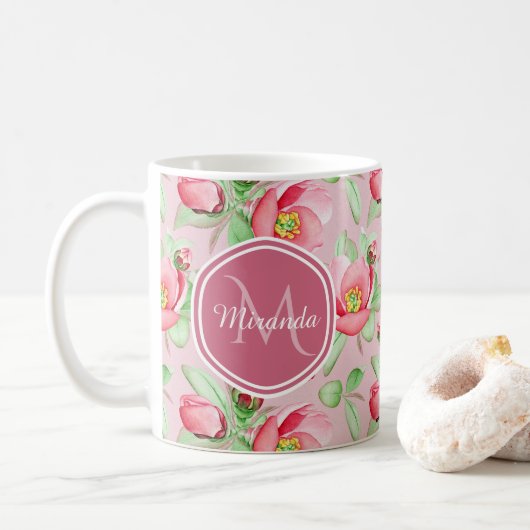 Rosa Apfelblüten-Monogramm Kaffeetasse (Mit Donut)