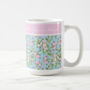 Rosa Apple Blossom auf Sky Blue, rosa Band für den Kaffeetasse