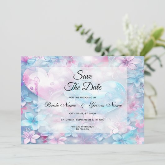 Rosa Aqua Herz und Blume Save the Date (Stehend Vorderseite)