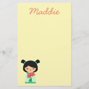 Rosa Aqua und Pfirsich Kokeshi Japanische Puppen Briefpapier