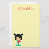 Rosa Aqua und pfirsichfarbene Kokeshi Japanische P Briefpapier (Vorne/Hinten)