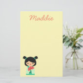 Rosa Aqua und pfirsichfarbene Kokeshi Japanische P Briefpapier (Stehend Vorderseite)