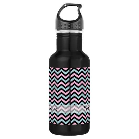 Rosa Aqua und schwarz Zickzack Edelstahlflasche (Vorderseite)