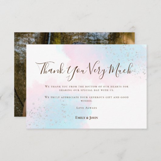 Rosa Aquamarin blaue Wasserfarbe Silberne Foto Hoc Dankeskarte (Vorne/Hinten)