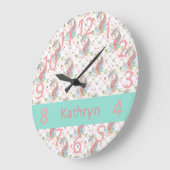 Rosa Aquamarin Gelb Einhorn farbig Große Wanduhr (Winkel)