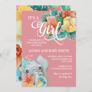 Rosa Aquamarin-gelbe Blütenlephant Kinderdusche Einladung